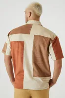 Men Faux Suede Colorblock Shirt in Taupe Small