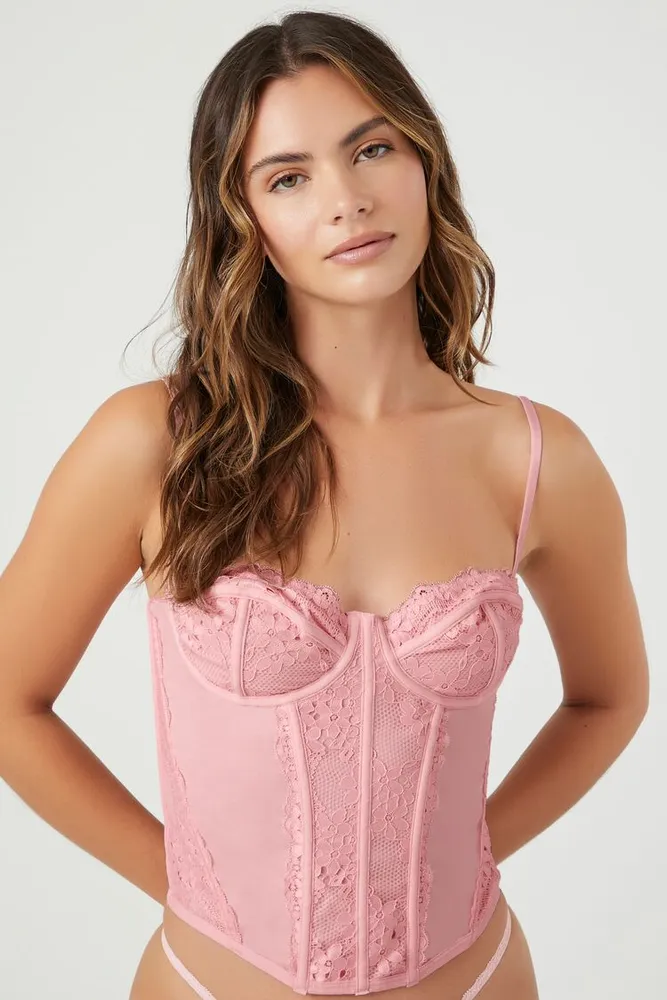 Forever 21 Women's Satin Lace Sweetheart Corset in Gossamer Pink Large