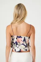 Women's Satin Floral Print Cropped Cami in Navy/Coral Large