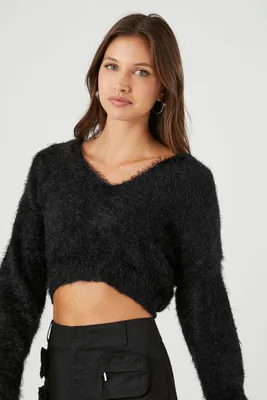 Women's Hooded Fuzzy Knit Cropped Sweater in Black Medium