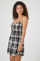 Women's Plaid Babydoll Mini Dress in Black Medium