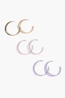 Women's Rhinestone Open-End Hoop Earring Set in Purple/Pink