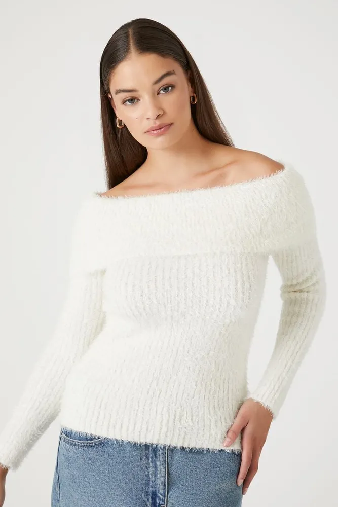 Women's Fuzzy Knit Off-the-Shoulder Sweater