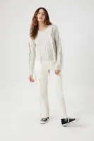 Women's Fringe Cable Knit Sweater in Heather Grey Small