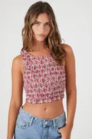 Women's Smocked Floral Print Crop Top in Pink Large