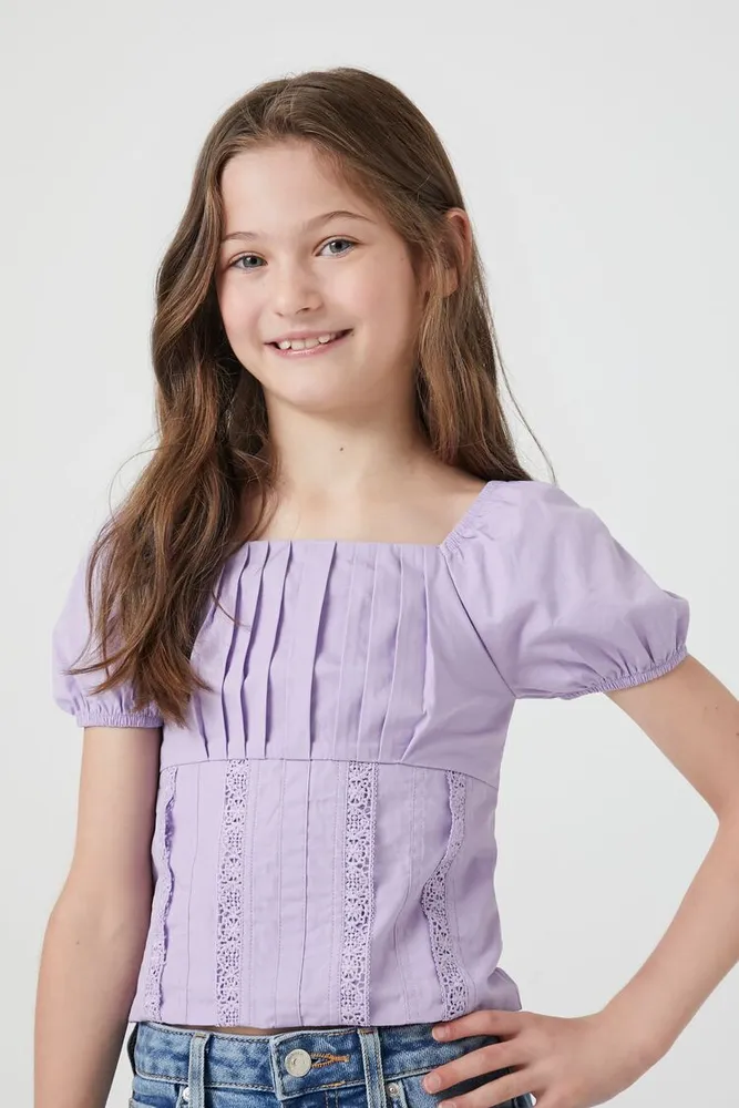 Girls Puff-Sleeve Poplin Top (Kids) in Orchid, 9/10