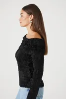 Women's Fuzzy Knit Off-the-Shoulder Sweater in Black Large