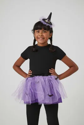 Girls Witch Skirt & Hat Costume Set (Kids) in Black/Purple