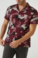 Men Camo Print Cuban Collar Shirt Large