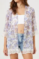 Women's Sheer Floral Print Kimono in Cream, XL