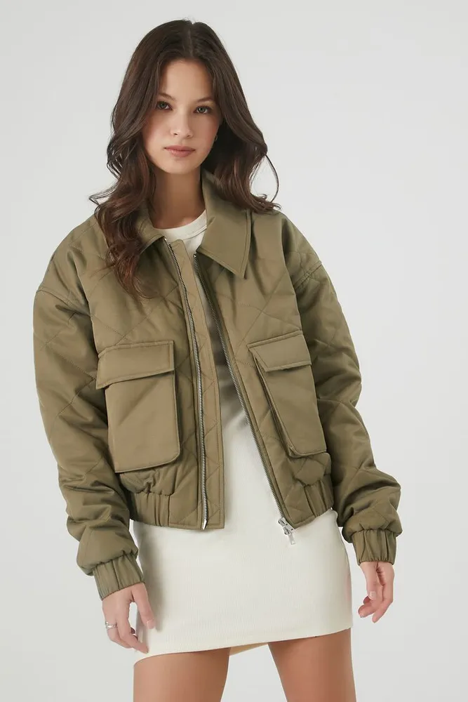 Women's Quilted Pocket Bomber Jacket in Olive Small