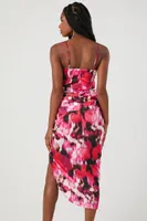 Women's Satin Abstract Print Bustier Midi Dress Pink