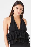 Women's Tiered Mesh Halter Top in Black Medium