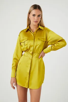 Women's Satin Mini Shirt Dress in Olivine Small