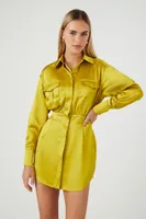 Women's Satin Mini Shirt Dress in Olivine Small