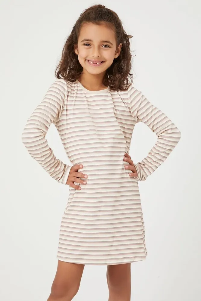 Girls Striped Long-Sleeve Dress (Kids) in Cream, 11/12