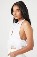 Women's Mesh Ruffle Halter Crop Top in White Large