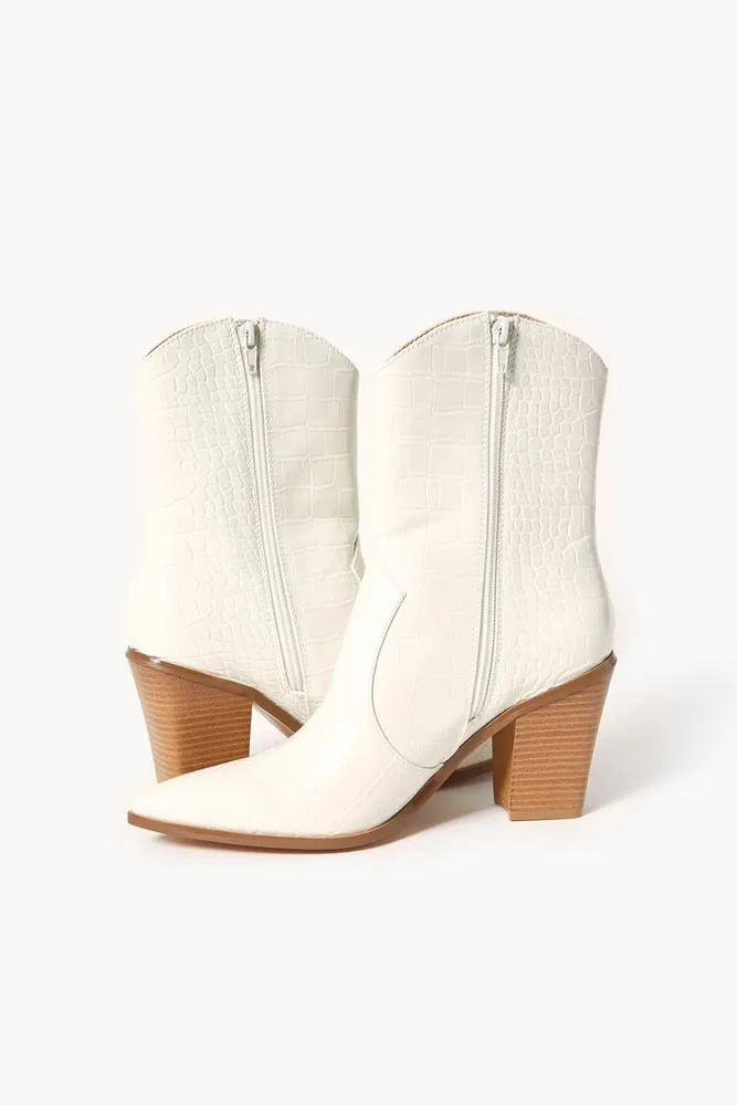 Women's Faux Croc Block Heel Booties in Cream, 8