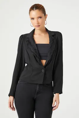 Women's Plunging Crochet Lace Blazer in Black Medium