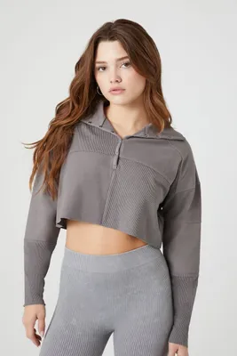 Women's Oversized Half-Button Crop Top in Dark Grey Large