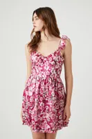 Women's Floral Print Ruffle Mini Dress in Pink Large