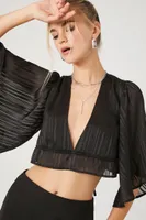 Women's Plunging Kimono-Sleeve Crop Top in Black Medium