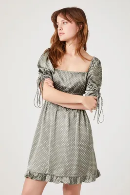 Women's Polka Dot Puff-Sleeve Mini Dress in Olive Medium