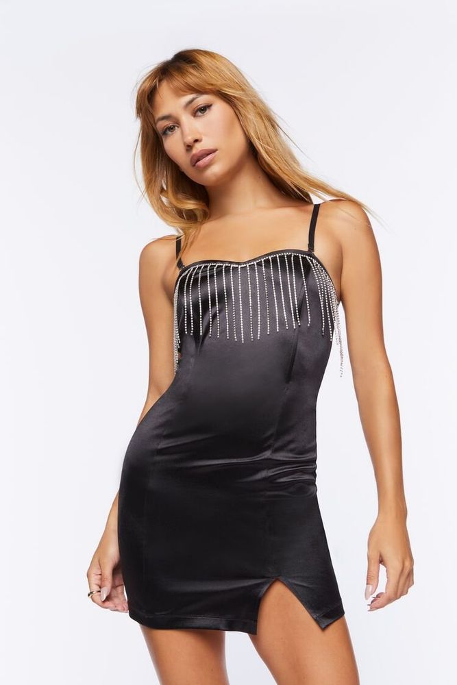 Women's Satin Fringe Mini Dress in Black Medium