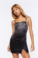 Women's Satin Fringe Mini Dress in Black Medium