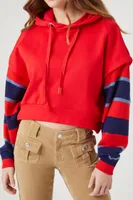 Women's Striped Layered-Sleeve Hoodie in Red Large