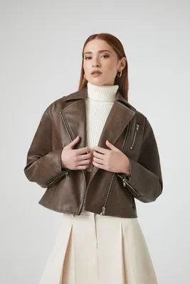 Women's Boxy High-Low Moto Jacket Brown