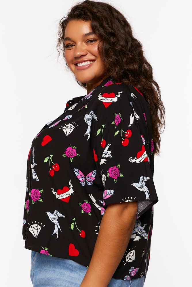 Women's Floral Butterfly Print Shirt in Black, 1X