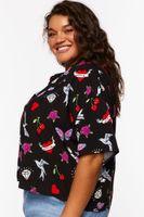 Women's Floral Butterfly Print Shirt in Black, 1X