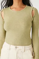 Women's Ribbed Cutout Long-Sleeve Bodysuit in Warm Olive Small