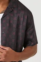 Men Satin Ornate Print Shirt in Black/Burgundy, XXL