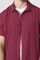 Men Pinstriped Button-Up Shirt in Burgundy/White, XXL