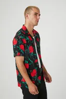 Men Rayon Rose Print Shirt in Black Large