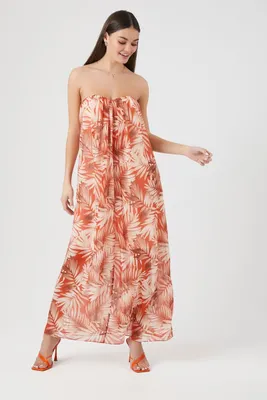 Women's Tropical Leaf Print Maxi Dress in Rust Small