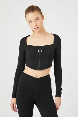 Women's Active Zip-Up Curved-Hem Crop Top Black