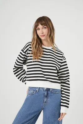 Women's Fleece Striped Sweater in Black/White, XS