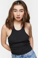 Women's Ruched Sleeveless Halter Crop Top in Black Large