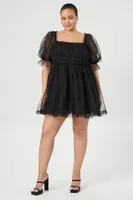 Women's Babydoll Puff-Sleeve Mini Dress in Black, 0X