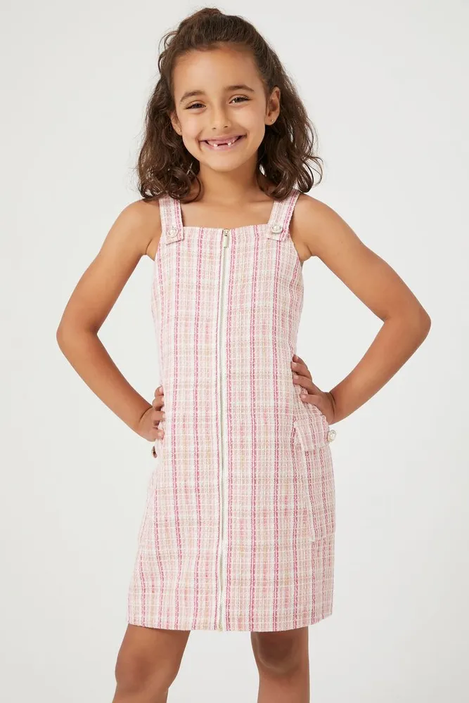 Girls Plaid Zip-Up Dress (Kids) in Pink/White, 11/12