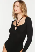 Women's Halter Cutout Long-Sleeve Bodysuit in Black Small