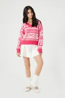 Women's Fair Isle V-Neck Sweater in Pink Medium