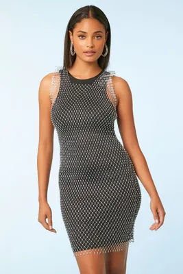 Women's Sheer Rhinestone Mesh Tank Dress in Silver Small