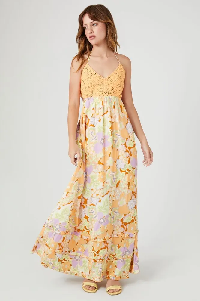 Women's Crepe Floral Print Maxi Dress in Orange Small