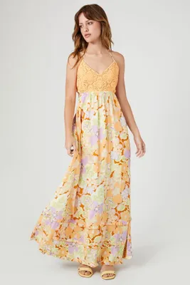 Women's Crepe Floral Print Maxi Dress in Orange Medium
