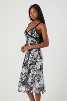 Women's Floral Lace-Trim Midi Dress in Black/White Medium