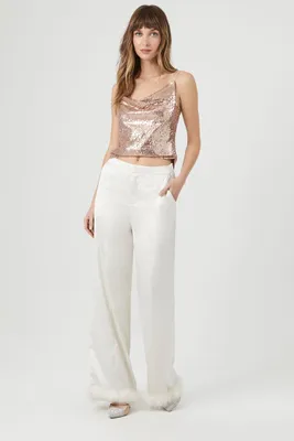 Women's Satin Faux Fur-Trim Pants in Ivory Small